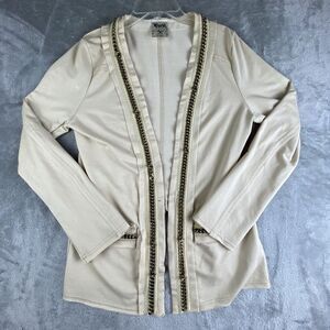 Vocal Cardigan Women's Small Beige Open Front Gold Chain Accent Long Sleeve Boho
